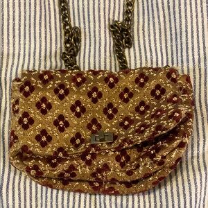 Anthropologie Gold and Red Crossbody Bag with Ornate Design